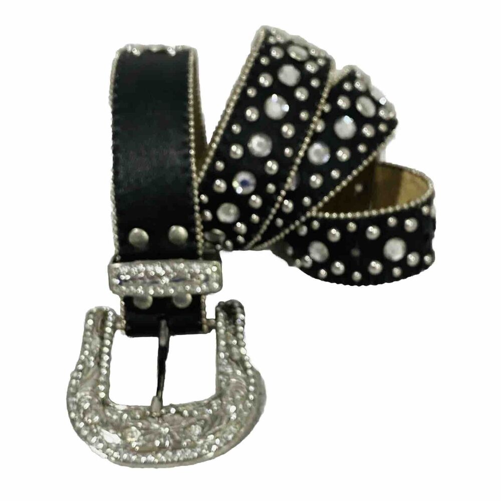 Black Faux Leather Belt Size S Silver Western Buckle & Rhinestone Cowboy Studded